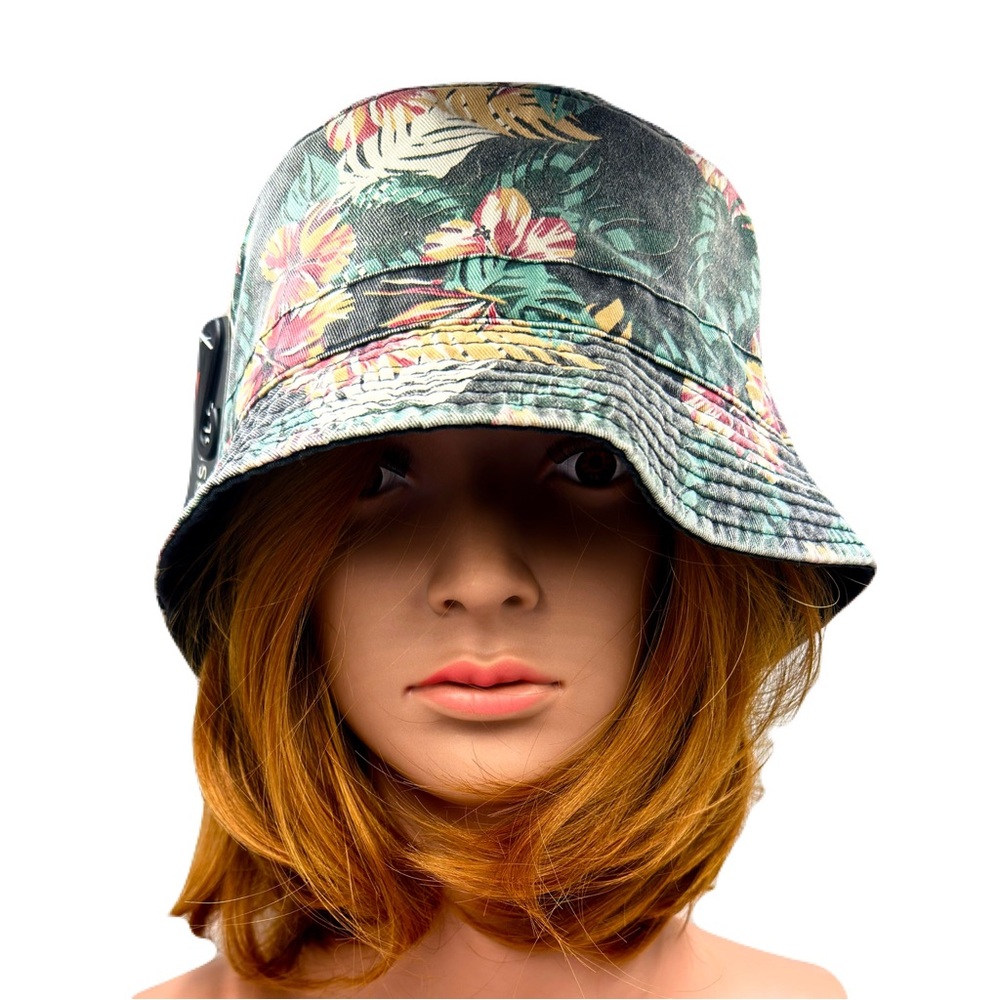 Reversible Cotton Bucket Hat - Faded Black w Green Pink & Yellow Floral Design